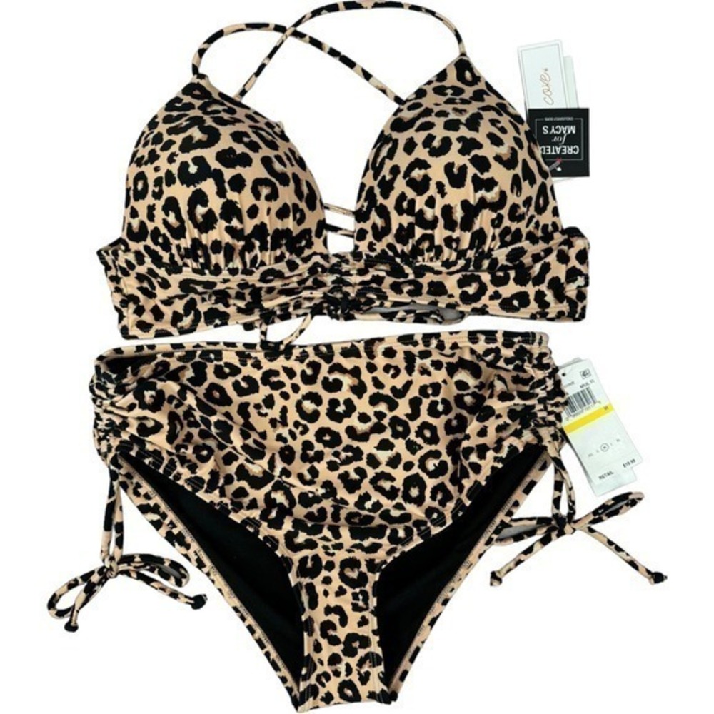 Salt + Cove Juniors' Animal-Print Shirred Bikini Set Color Spots Amore Natural-M